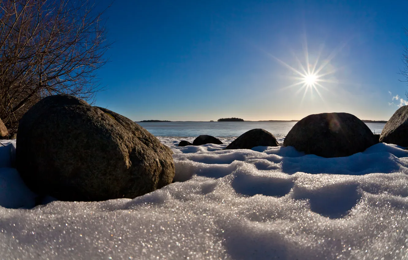 Photo wallpaper winter, the sun, snow, landscape, nature