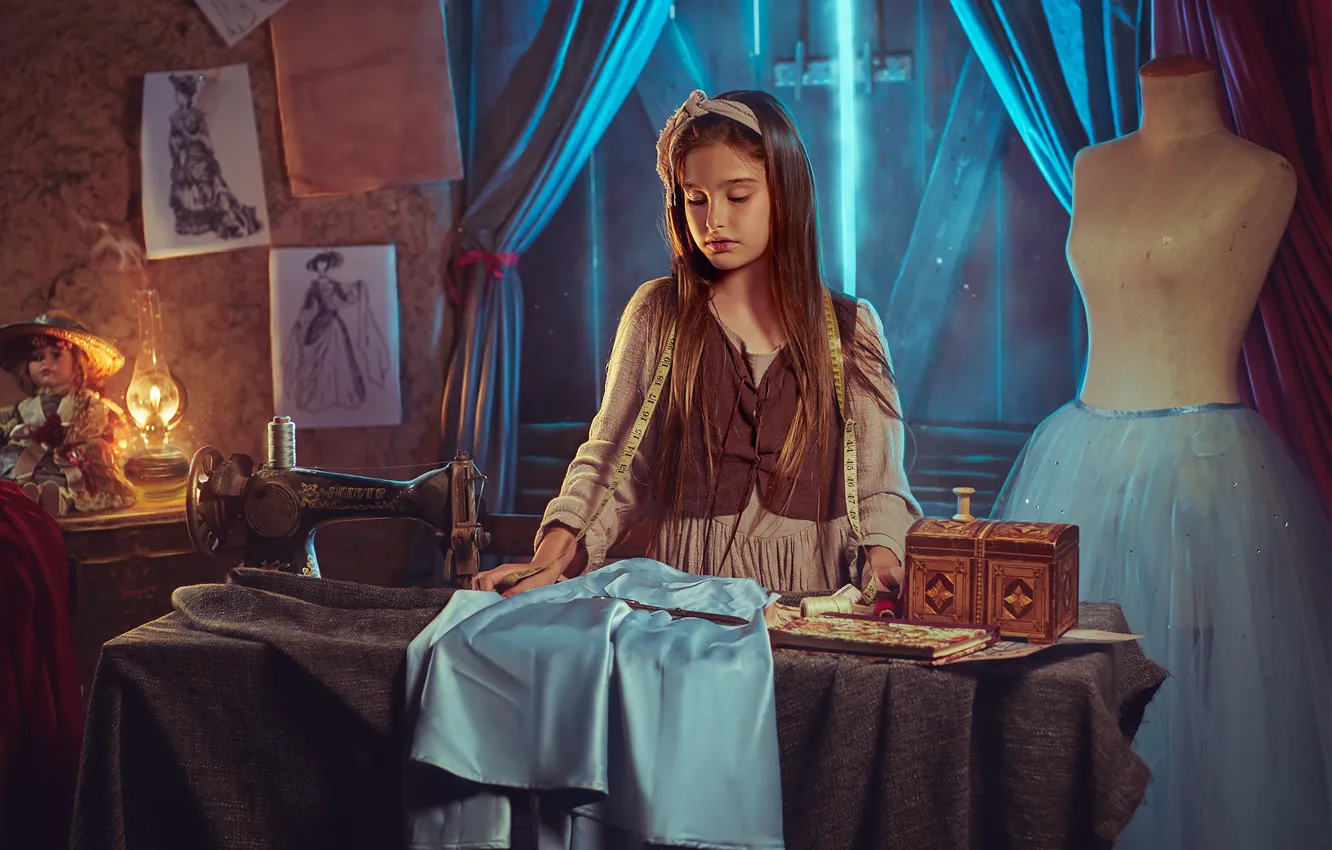 Photo wallpaper dress, girl, seamstress, sewing machine