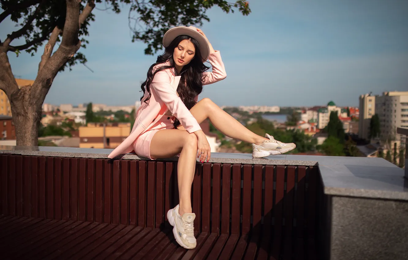 Photo wallpaper girl, pose, feet, shorts, hat, brunette, costume, jacket