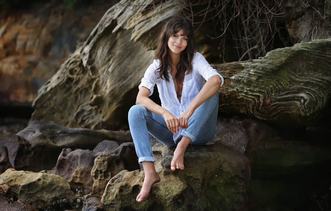 Photo wallpaper girl, pose, smile, stones, shirt, beautiful, Georgia Fowler