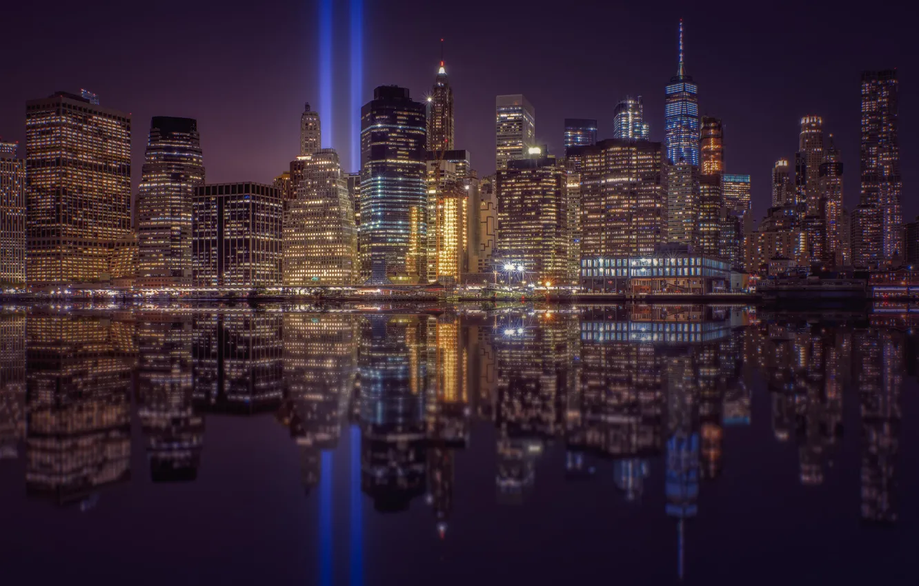 Photo wallpaper light, night, the city, lights, reflection, building, tower, New York
