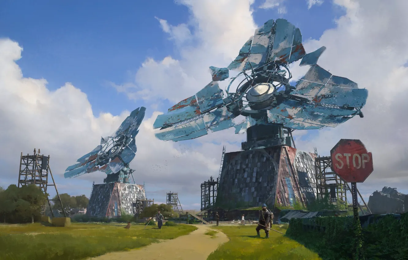 Photo wallpaper road, sign, people, construction, Life of the Farm