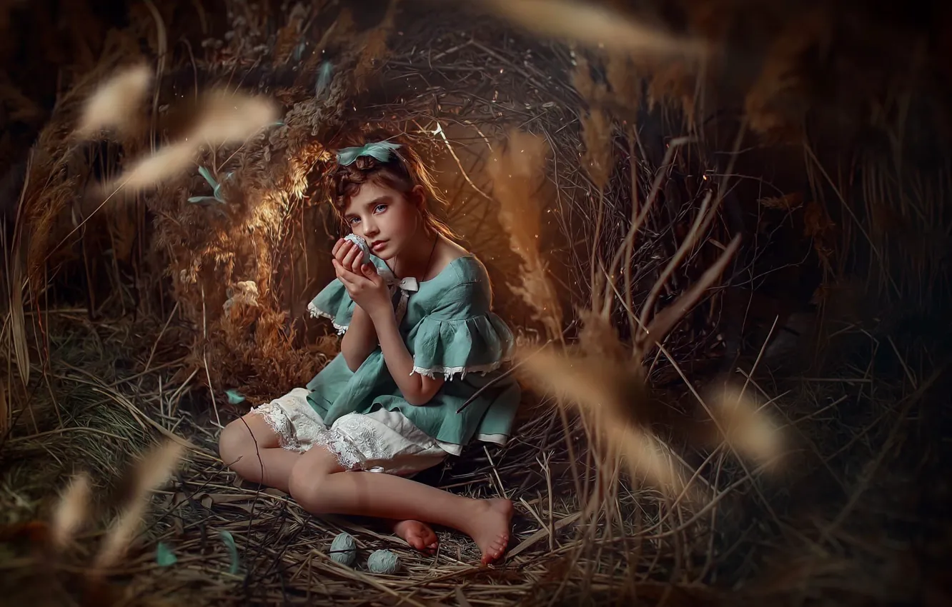 Photo wallpaper grass, look, eggs, dress, girl, eggs, Lyubov Pyatovskaya