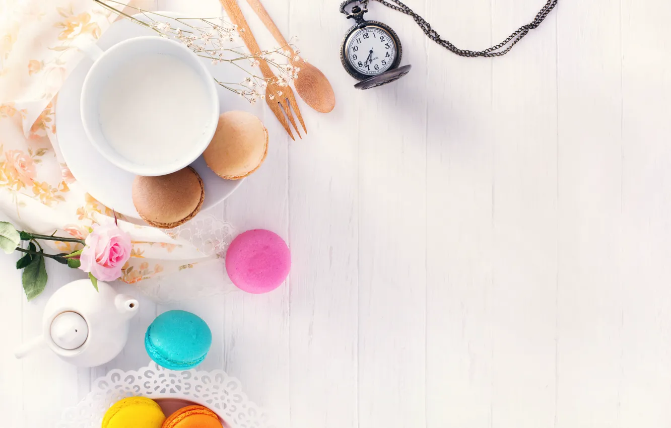 Photo wallpaper flowers, Breakfast, colorful, Cup, cake, dessert, wood, sweet