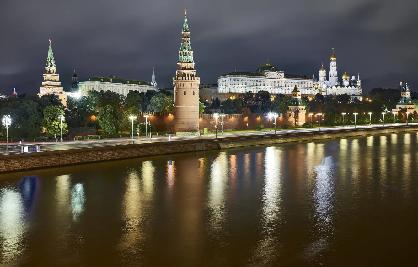 Photo wallpaper river, The city, Moscow, Night landscape