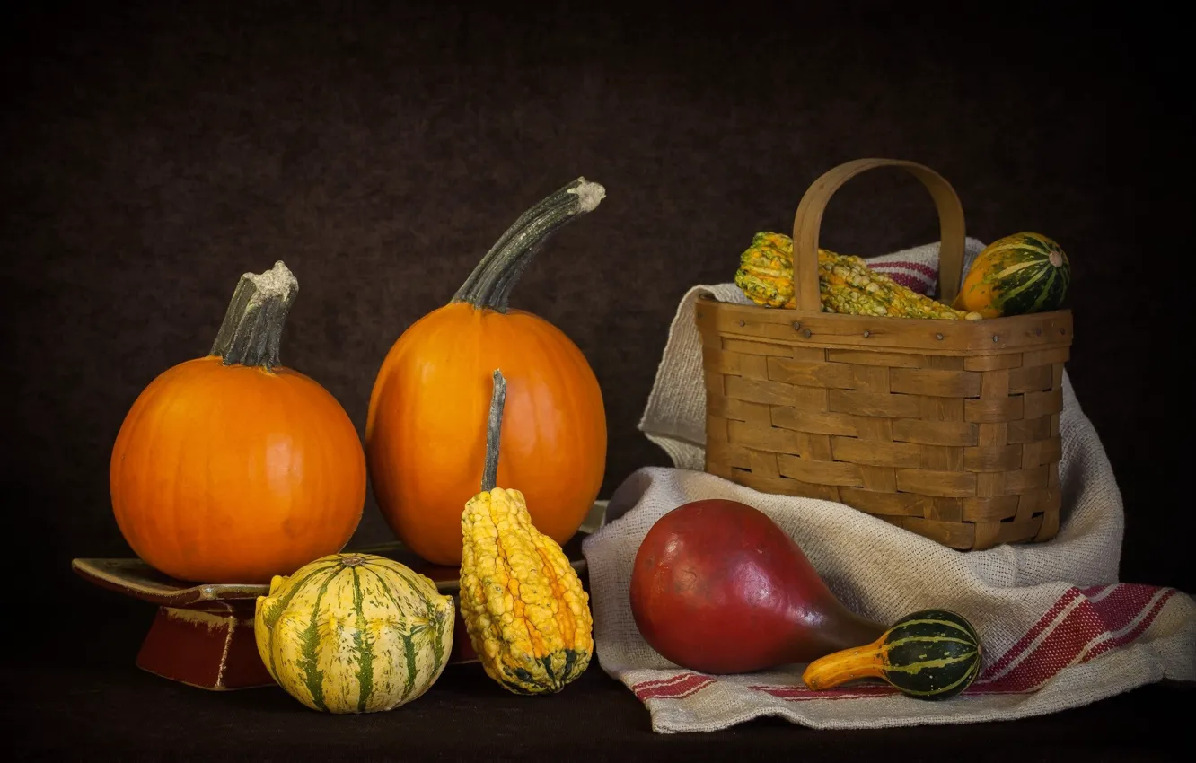Photo wallpaper autumn, basket, food, harvest, pumpkin, still life, vegetables