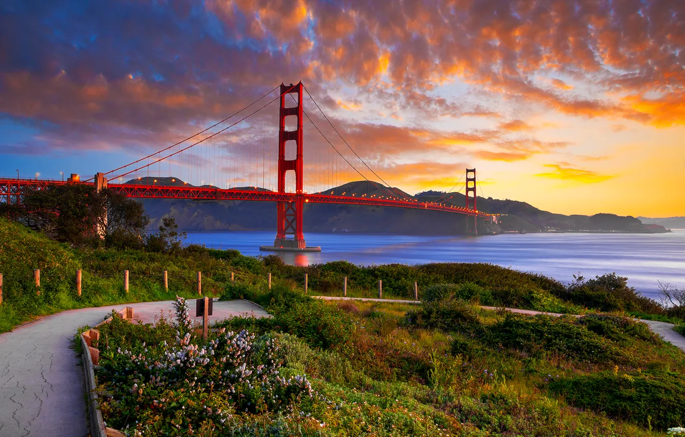 Photo wallpaper the sky, clouds, sunset, mountains, bridge, the evening, Bay, Golden Gate