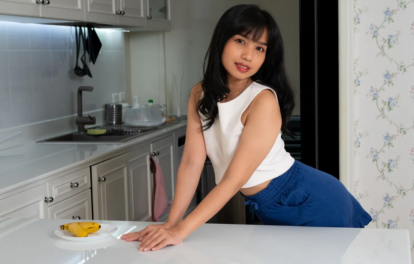 Photo wallpaper long hair, model, gorgeous, posing, Raven Haired Beauty, beautiful face, tanned babe, Asian Beauty