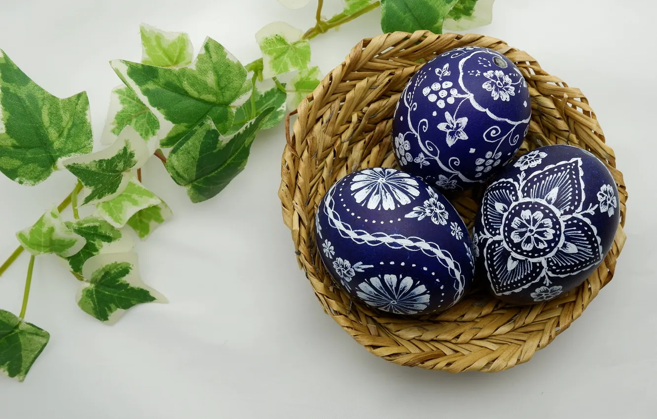 Photo wallpaper leaves, sprig, holiday, basket, eggs, spring, Easter