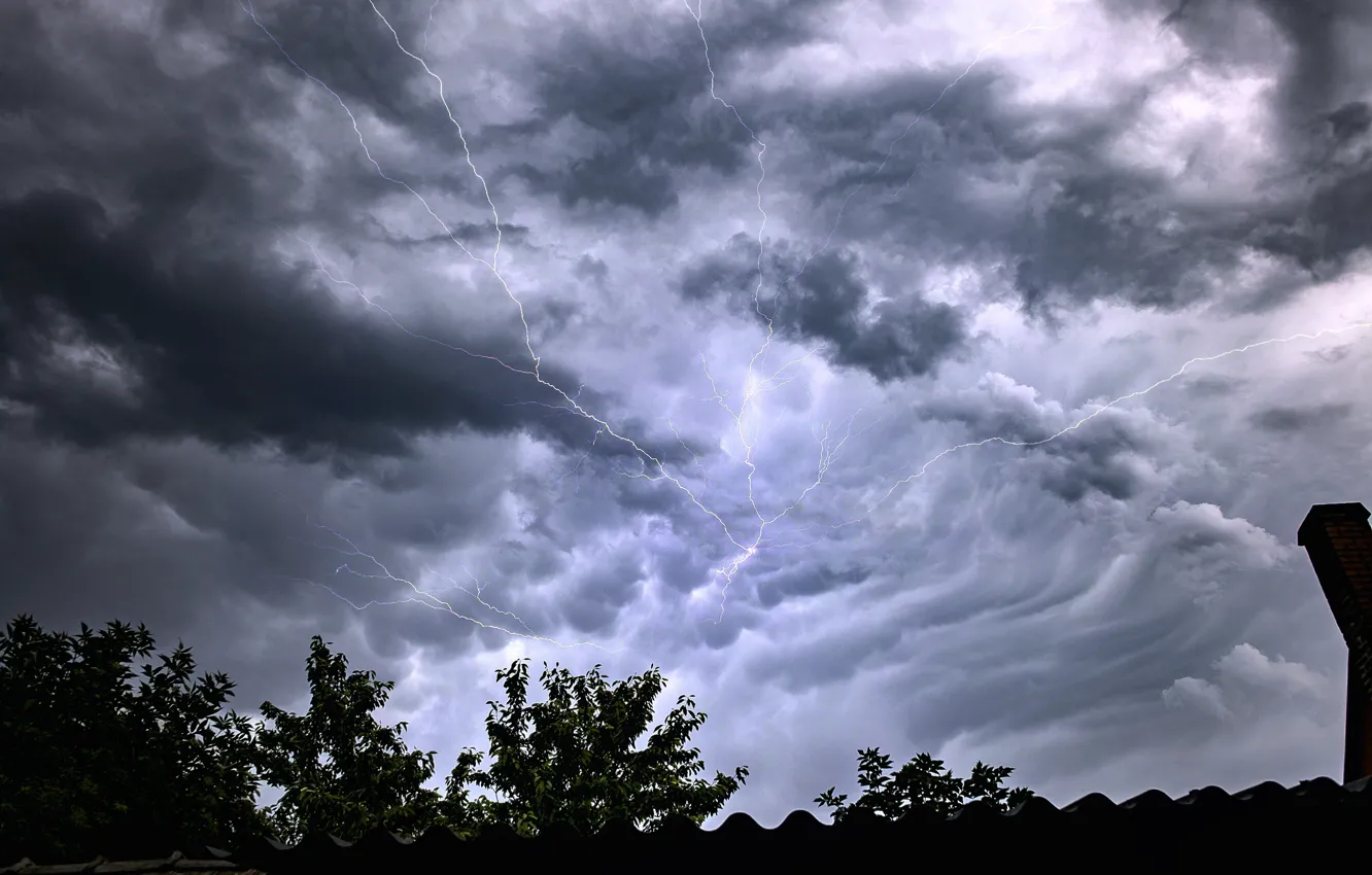 Photo wallpaper dark, storm, rain, sky, lightning, cloud, clouds