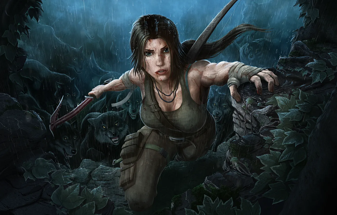 Photo wallpaper girl, rain, brunette, Tomb Raider, beauty, Lara Croft