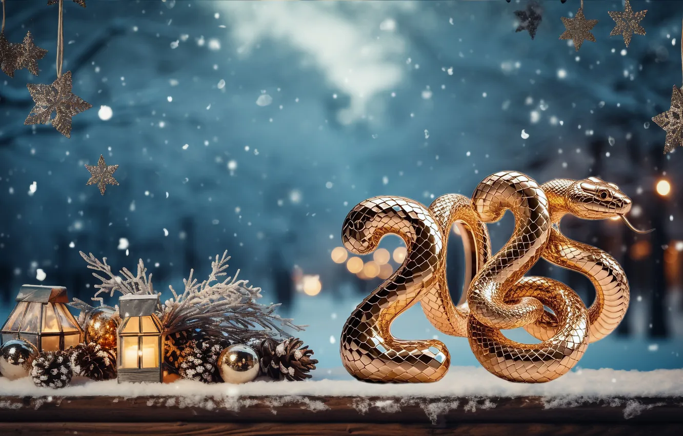 Photo wallpaper winter, snow, gold, new year, snake, figures, golden, balls