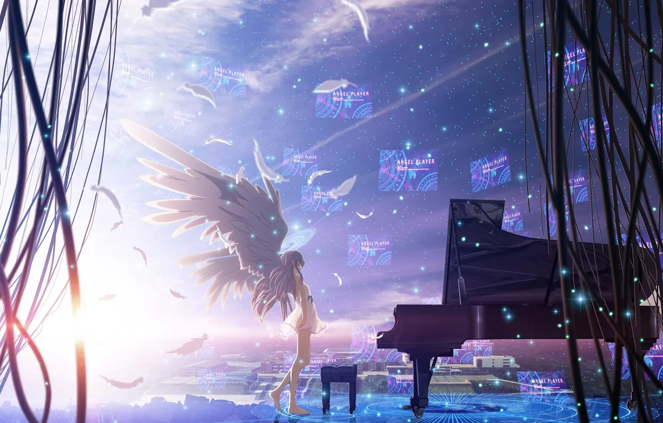 Photo wallpaper the sky, girl, stars, the city, wire, home, wings, anime