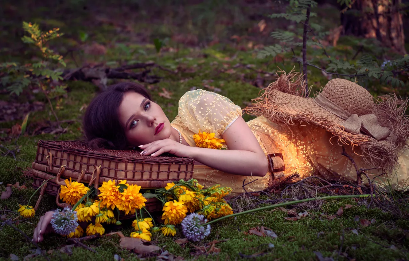 Photo wallpaper look, girl, flowers, face, pose, mood, moss, hand