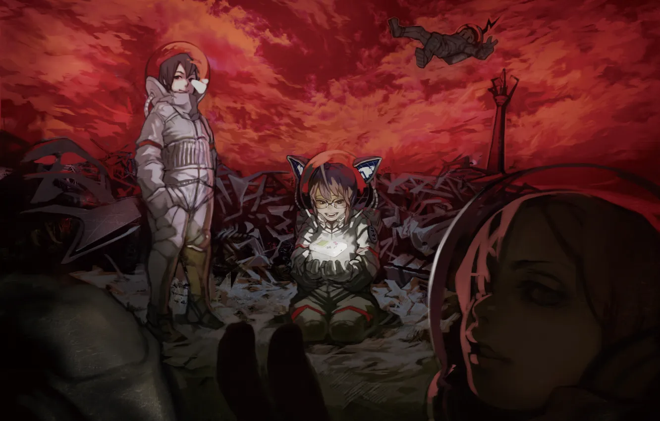 Photo wallpaper girl, anime, art, glasses, costume, ruins, ears, takeyuki15