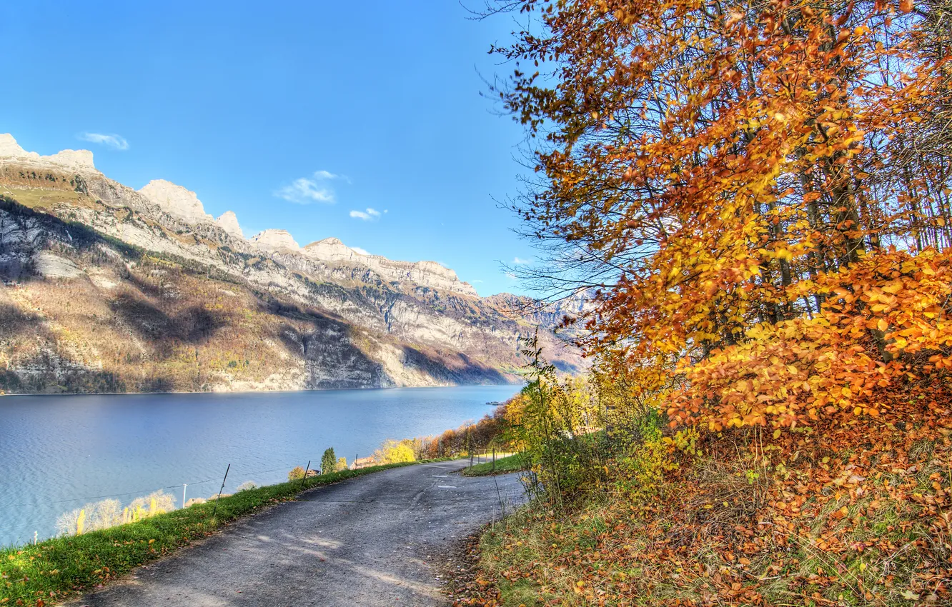 Photo wallpaper autumn, landscape, mountains, nature, road, Lake, road, autumn