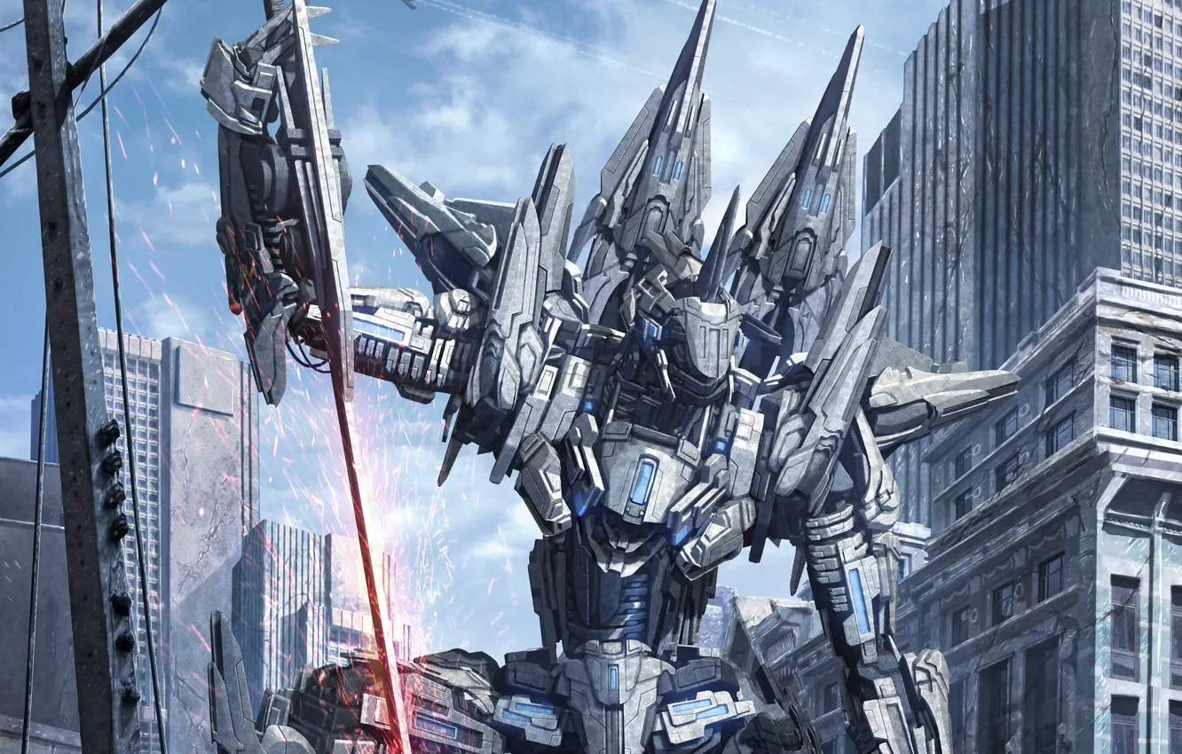 Photo wallpaper the sky, the city, fiction, robot, sword, art, ruins, the plane