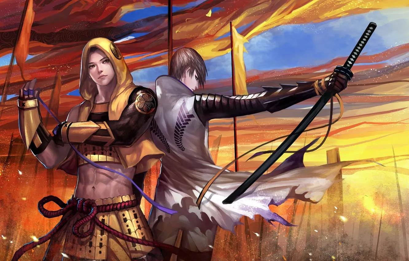 Photo wallpaper katana, army, guy, banner, Sengoku Basara, Tokugawa Ieyasu, Mitsunari Ishida