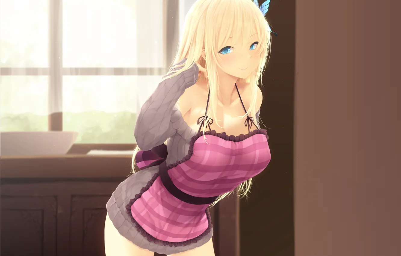 Photo wallpaper girl, butterfly, window, apron, tulle, boku wa tomodachi ga sukunai