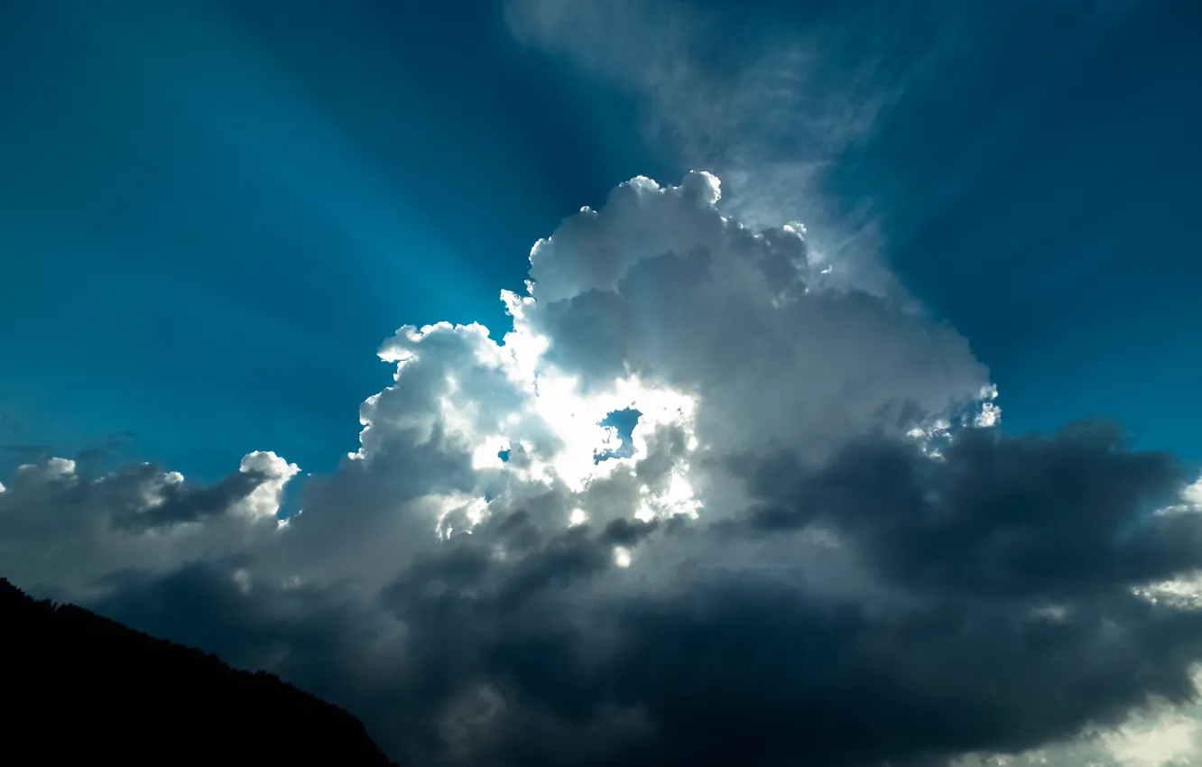Photo wallpaper Blue Sky, Clouds, Sun, Mountains, Austria, Alpes, Bright, Rays