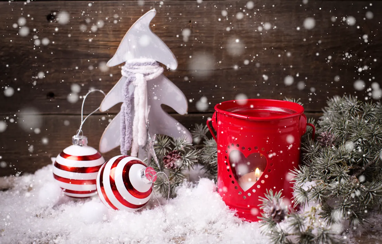 Photo wallpaper snow, decoration, tree, new year, Christmas, Christmas, wood, snow