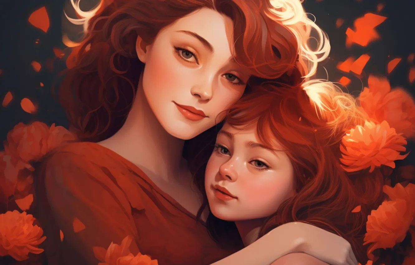 Photo wallpaper mom, two, girl, girl, neural network, flowers, digital art, children