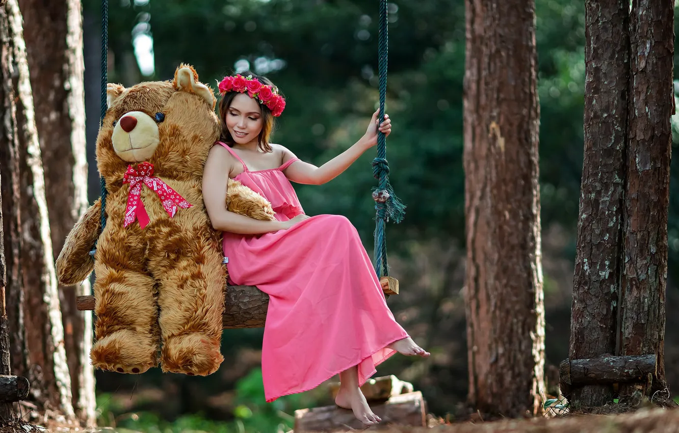 Photo wallpaper girl, swing, bear