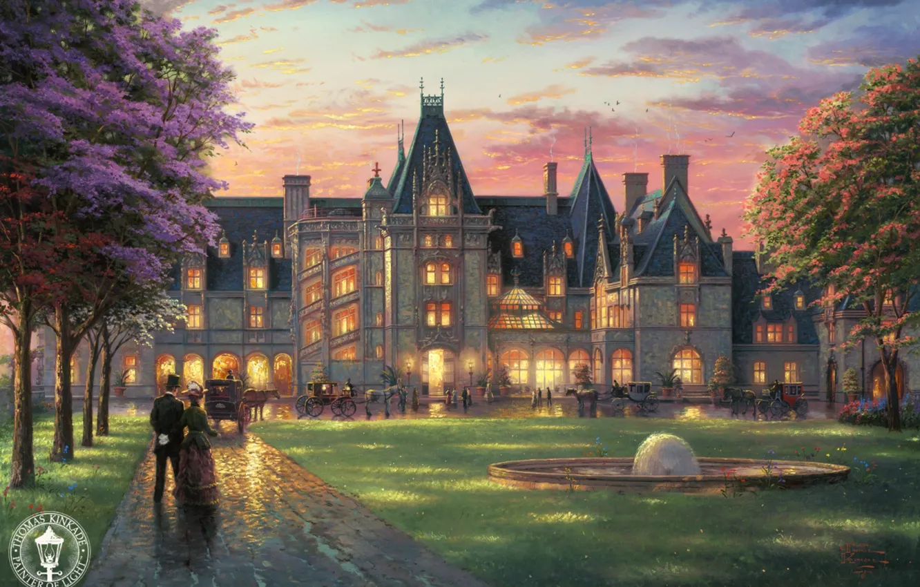 Photo wallpaper castle, garden, painting, mansion, Palace, retro, Thomas Kinkade, painting