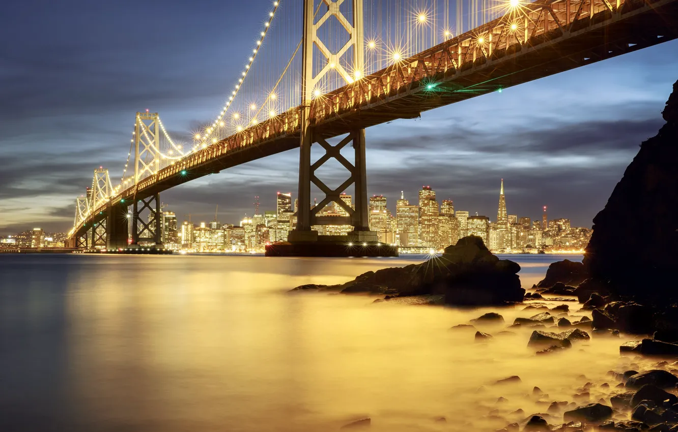 Photo wallpaper the sky, clouds, night, bridge, the city, lights, Strait, stones