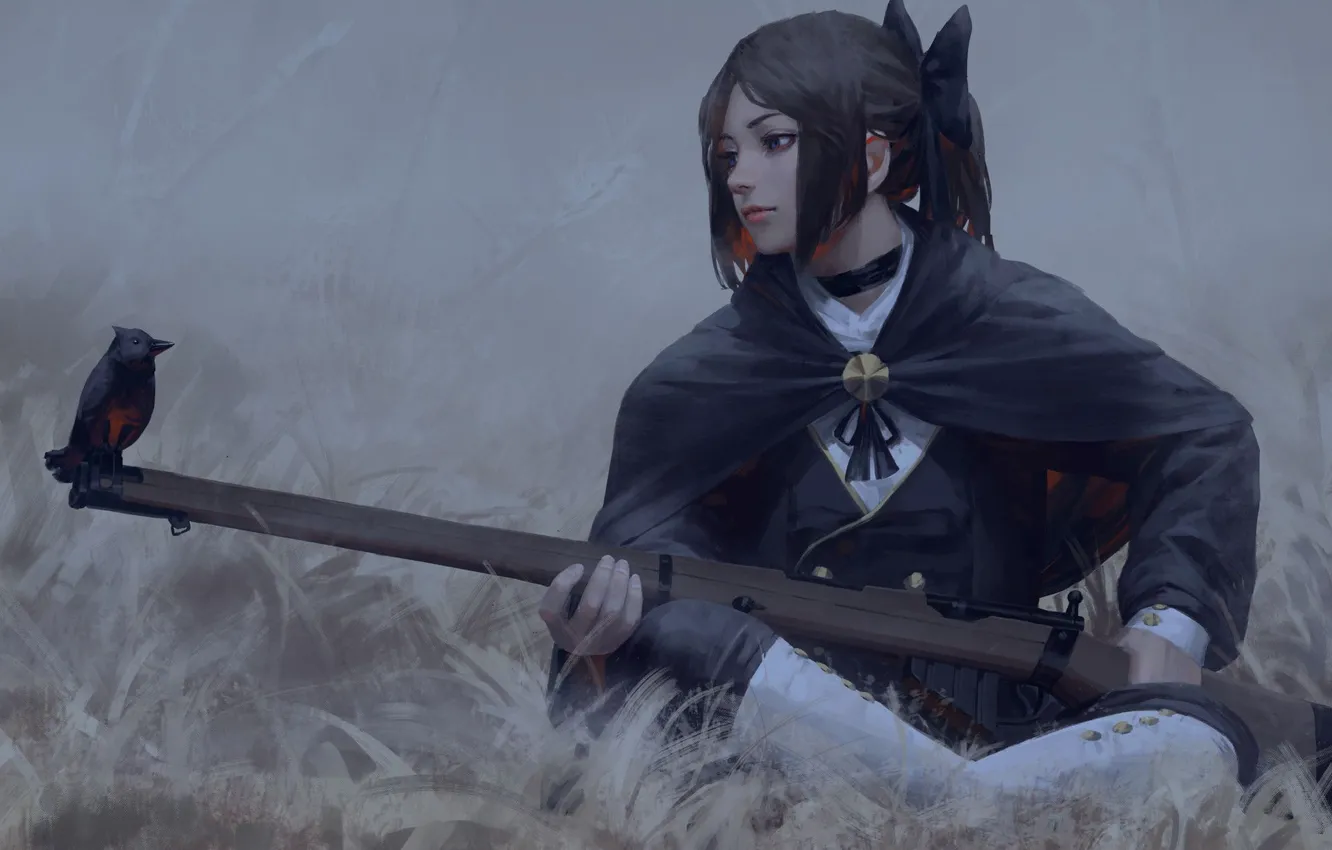 Photo wallpaper grass, look, bird, bow, Cape, Guweiz, girl with a gun