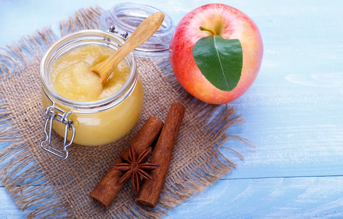 Photo wallpaper glass, red, apples, Board, spoon, Bank, cinnamon, burlap