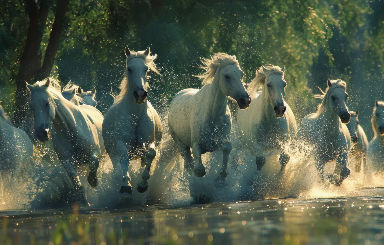 Photo wallpaper summer, water, trees, squirt, nature, horse, horse, bathing