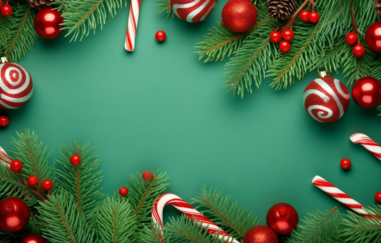 Photo wallpaper balls, branches, red, new year, Christmas, needles, bumps, green background
