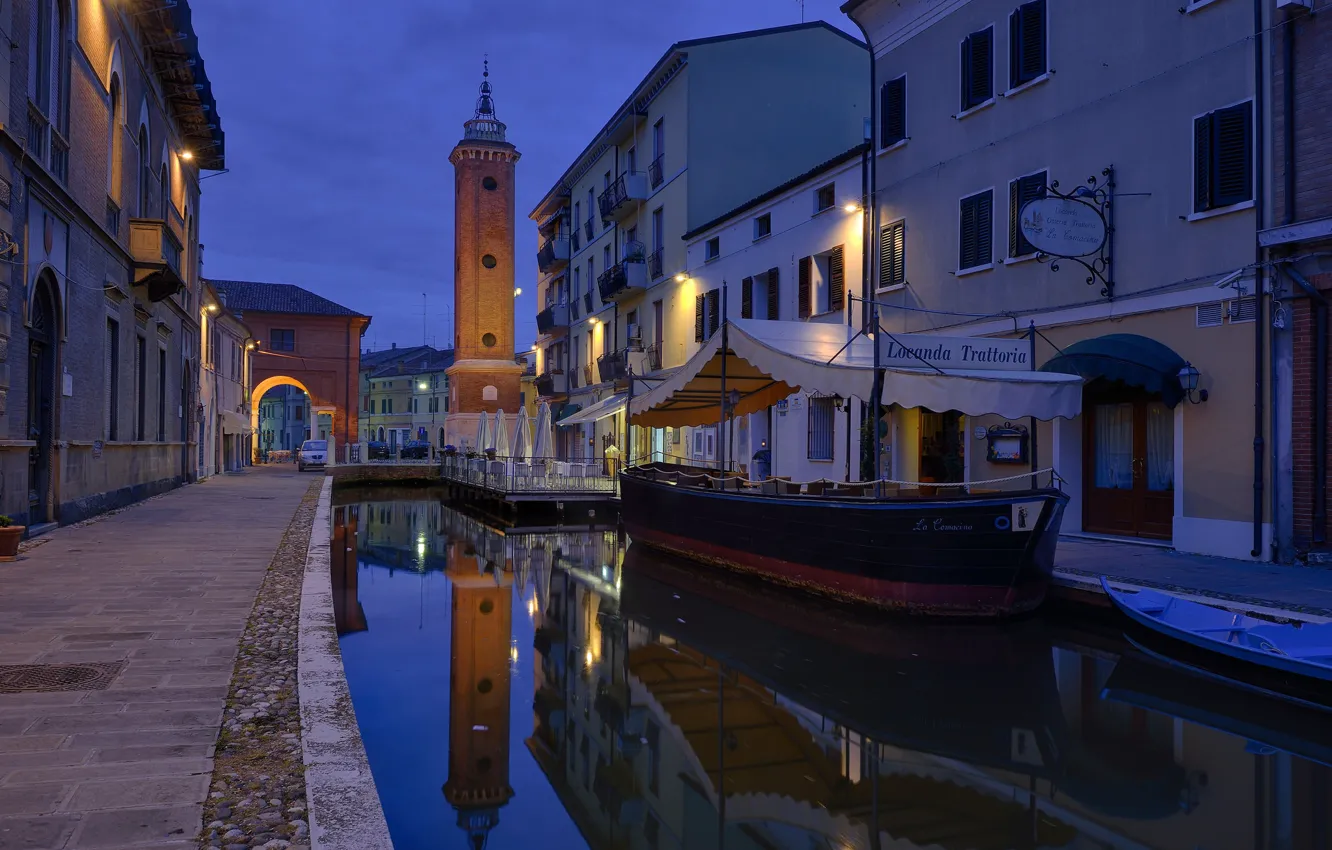 Photo wallpaper night, lights, tower, home, Italy, channel, Emilia-Romagna, Comacchio