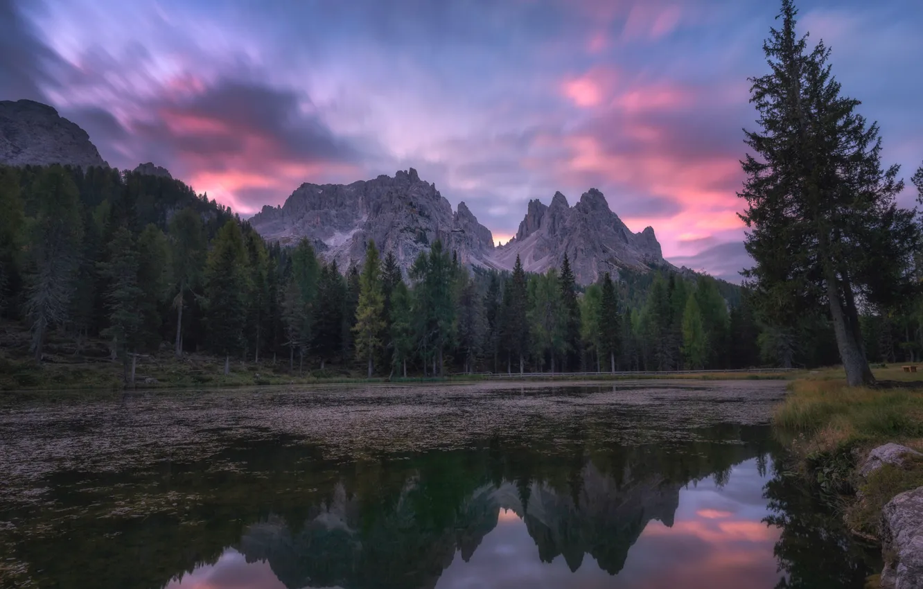 Photo wallpaper forest, clouds, trees, sunset, mountains, lake, reflection, shore