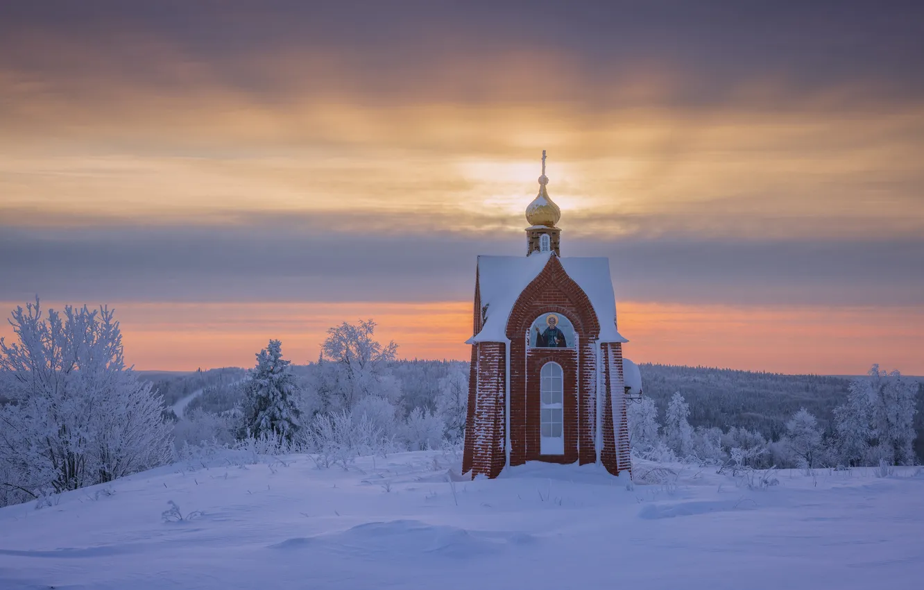 Photo wallpaper winter, snow, Russia, chapel, Perm Krai, Maxim Evdokimov, White mountain