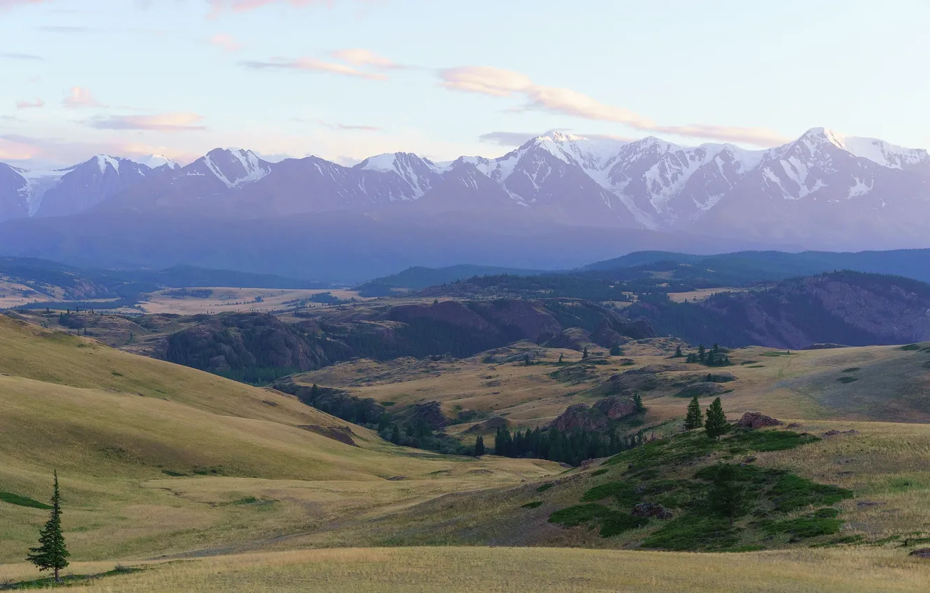 Photo wallpaper field, the sky, grass, clouds, snow, trees, mountains, nature