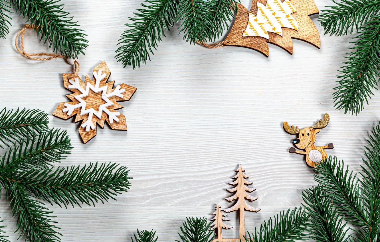 Photo wallpaper snowflakes, branches, photo, tree, new year, deer