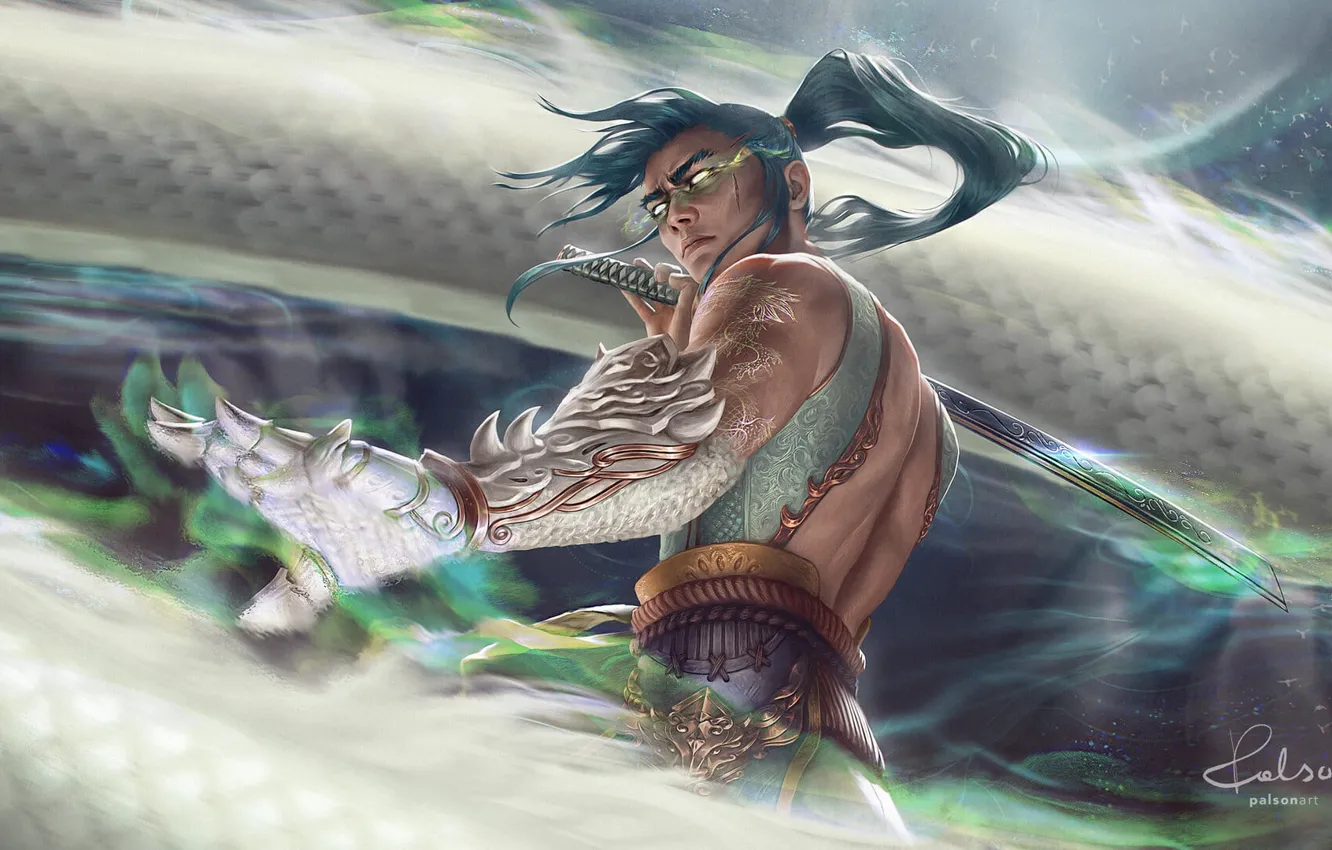 Photo wallpaper magic, dragon, sword, battle, warrior, rage, haze, sword
