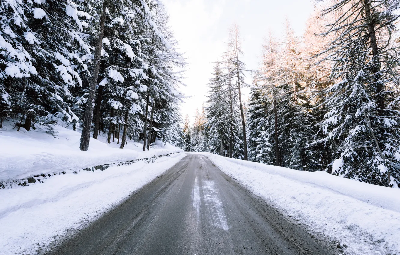Photo wallpaper winter, road, forest, the sky, clouds, snow, trees, landscape