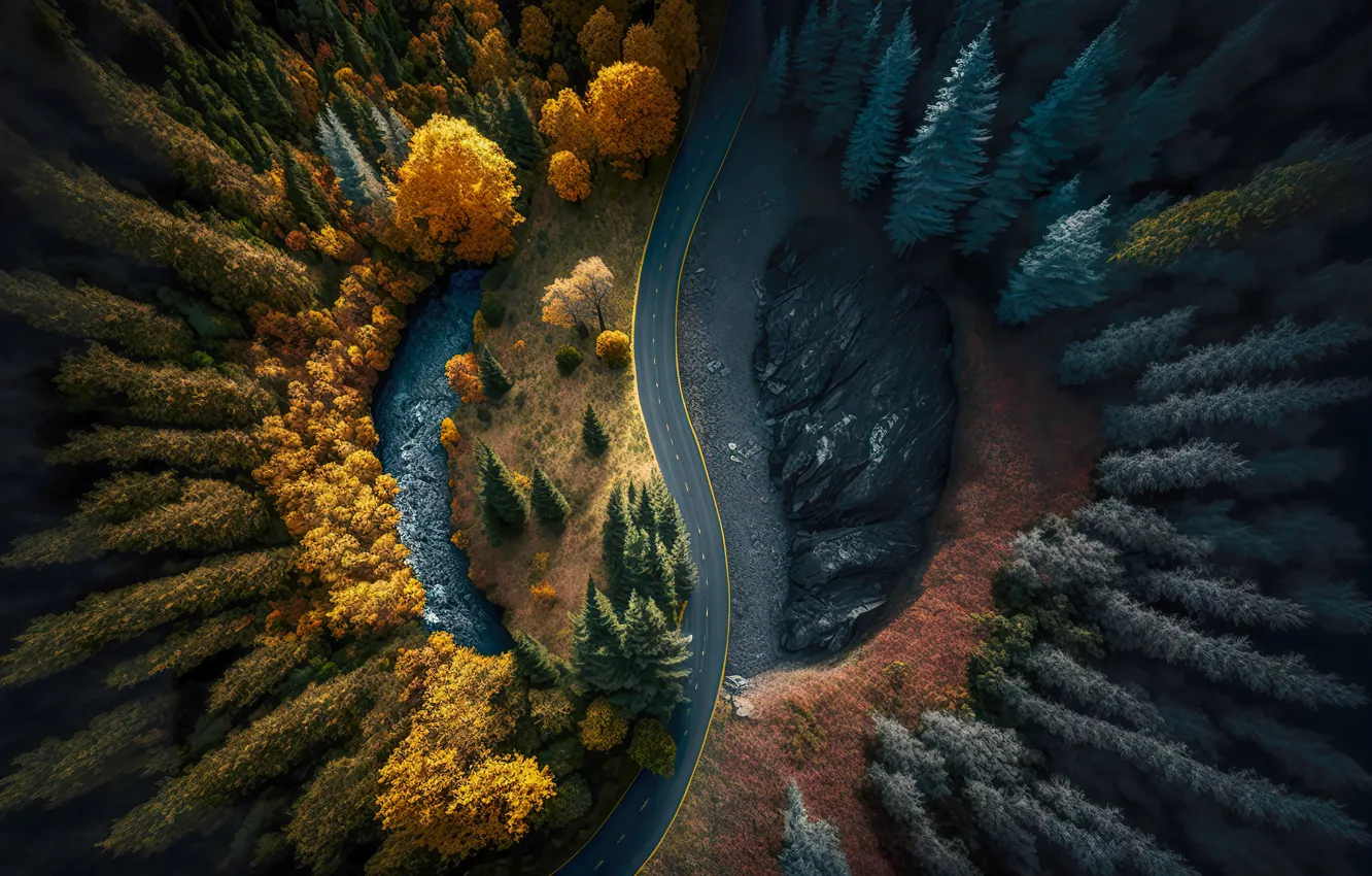 Photo wallpaper road, autumn, forest, landscape, colorful, dark, forest, road