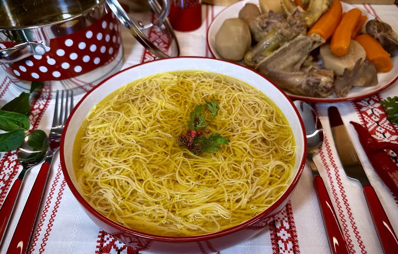 Photo wallpaper vegetables, soup stick, giblets, rooster soup