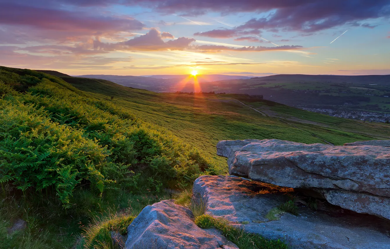 Photo wallpaper field, the sky, the sun, clouds, sunset, stones, England, valley
