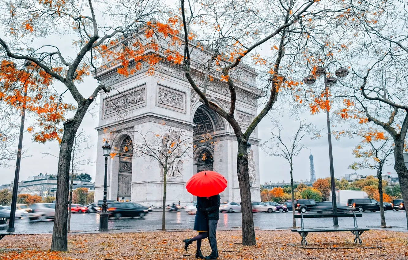 Photo wallpaper France, Paris, Girl, Kiss, Love, Autumn, Trees, Leaves