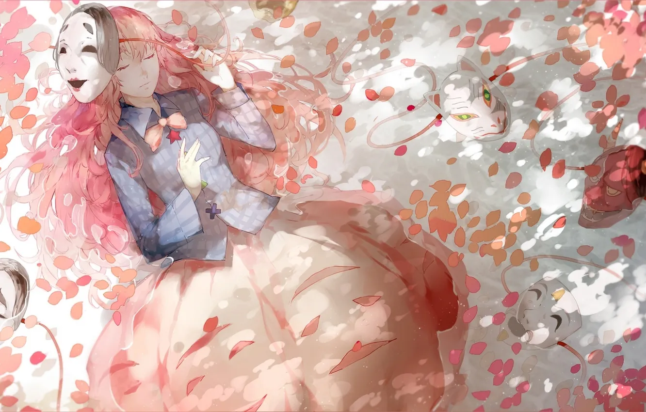 Photo wallpaper girl, petals, Sakura, mask, art, horns, touhou, Nine