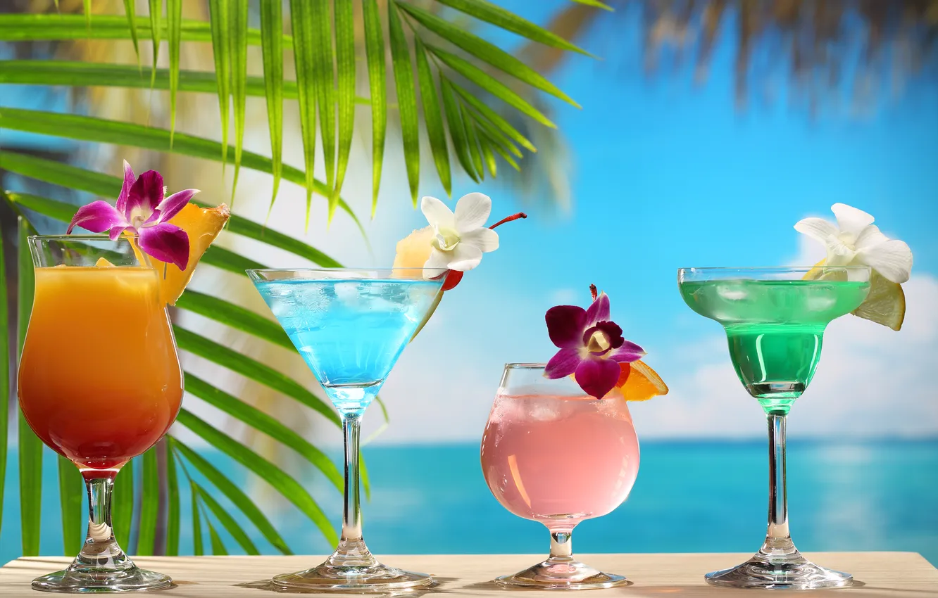 Photo wallpaper beach, flowers, cocktail, palm leaves