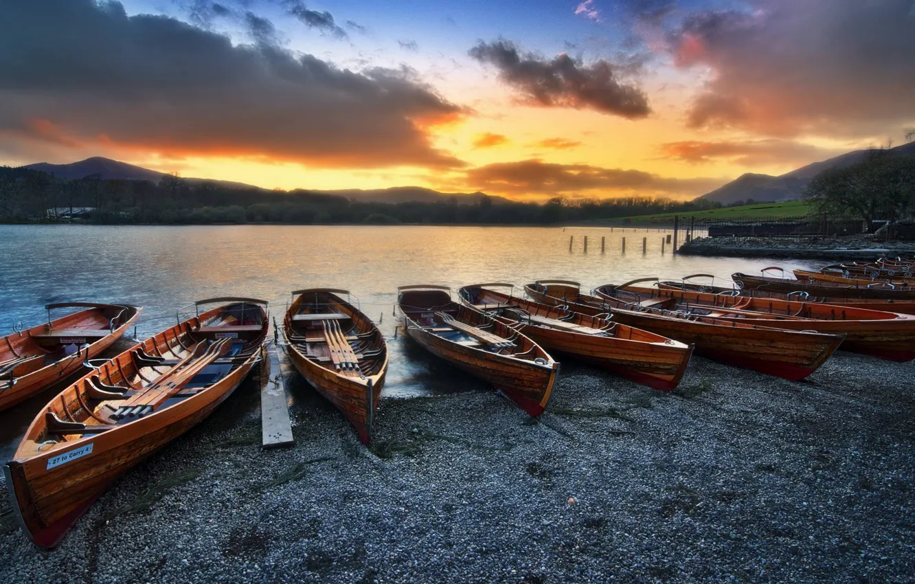 Photo wallpaper the sky, water, clouds, sunset, mountains, lake, shore, boat
