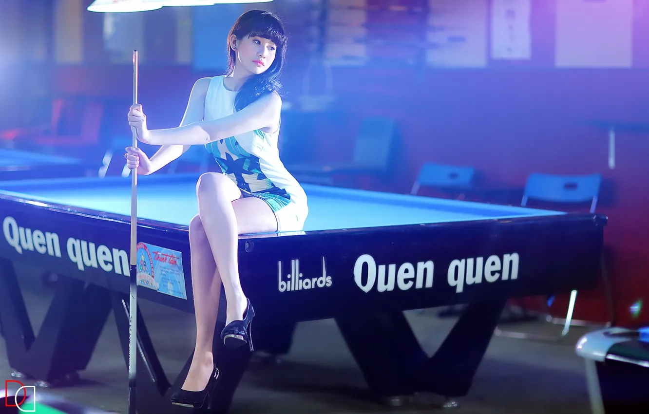 Photo wallpaper girl, table, sport, Billiards, cue