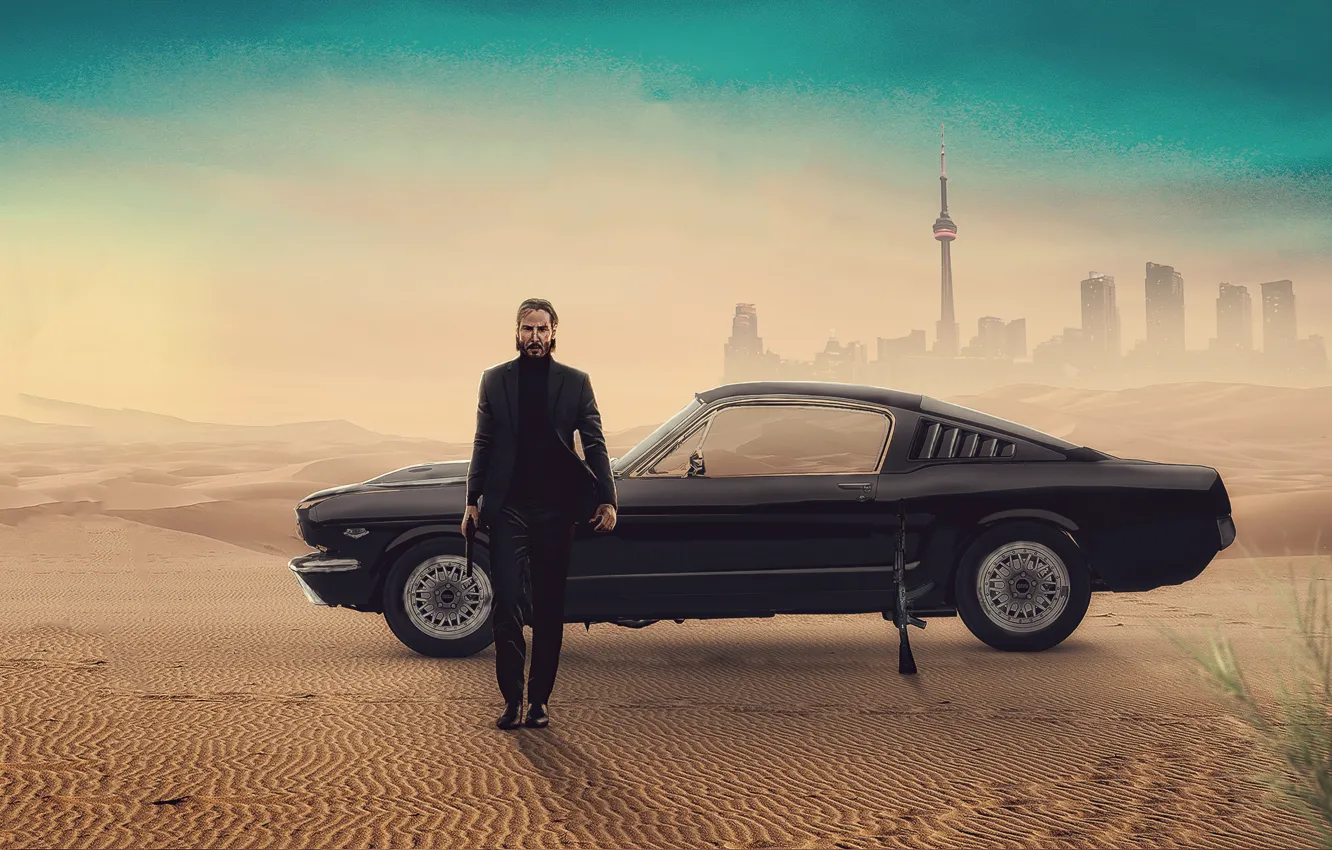 Photo wallpaper weapons, car, Ford Mustang, Keanu Reeves, John Wick
