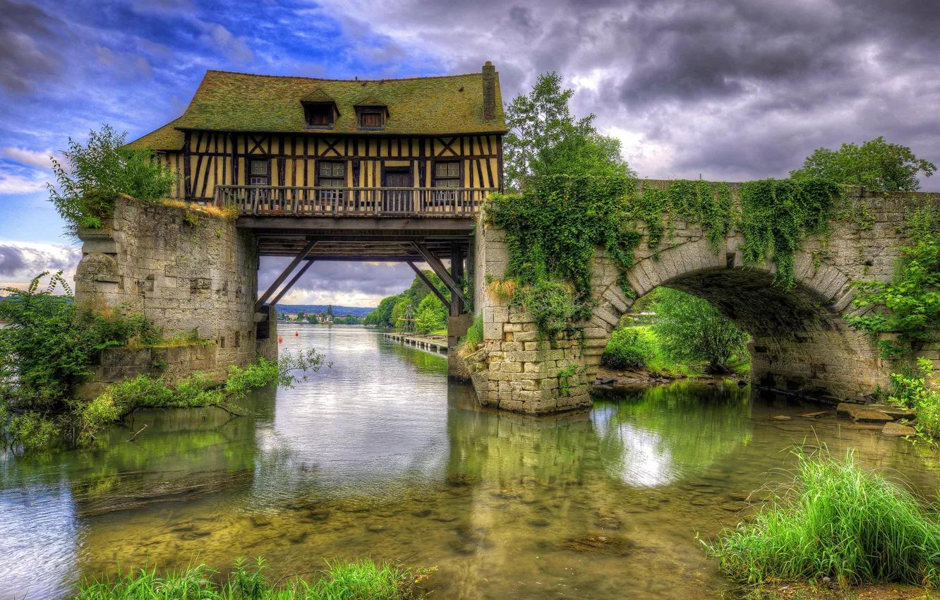Photo wallpaper greens, the sky, grass, clouds, trees, bridge, house, river
